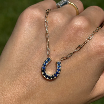 14KT Yellow Gold Ombre Blue Sapphire Horseshoe Necklace