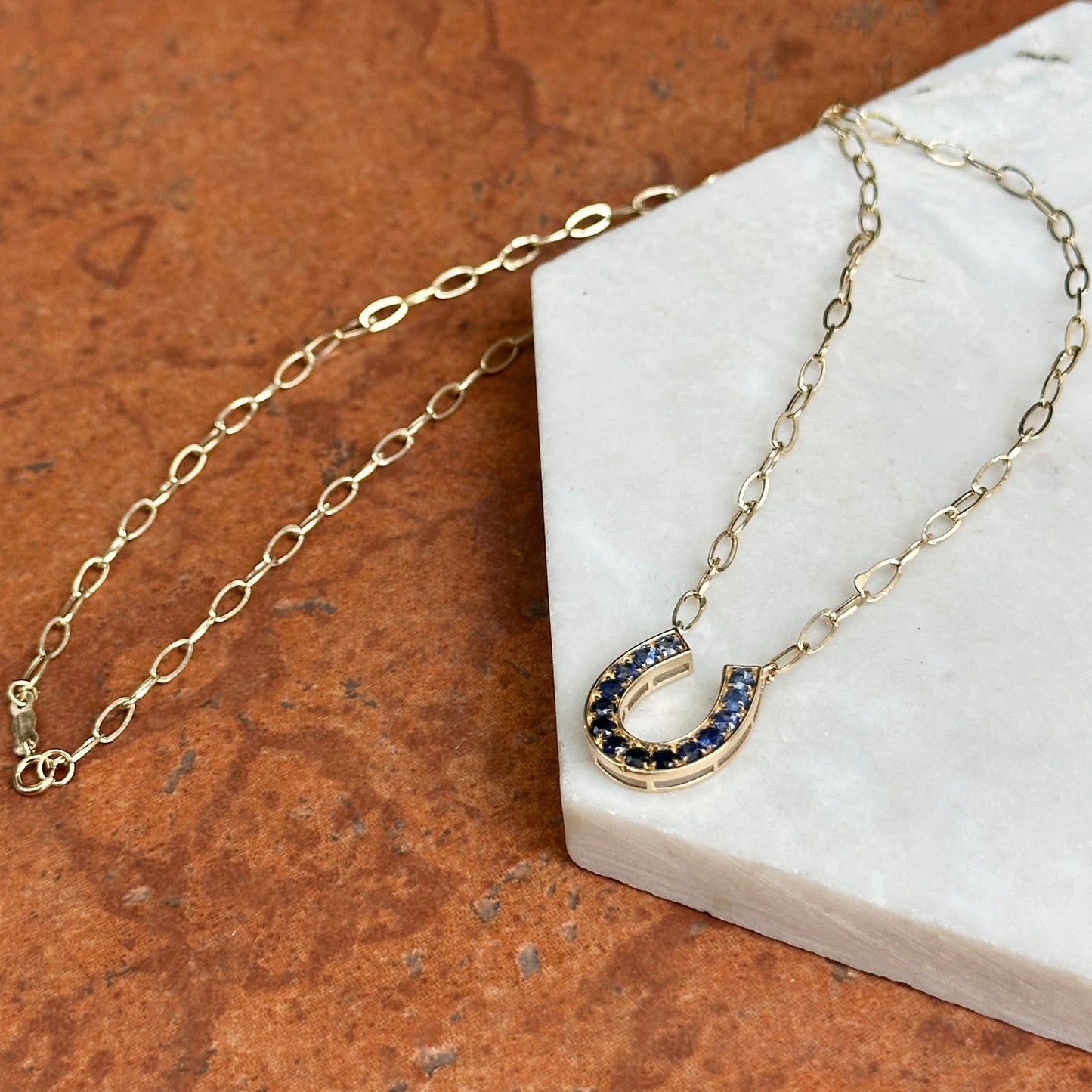 14KT Yellow Gold Ombre Blue Sapphire Horseshoe Necklace