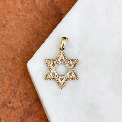 14KT Yellow Round Pave Diamond Beaded Star of David Pendant Charm