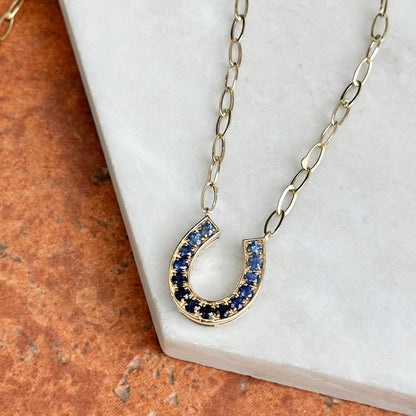 14KT Yellow Gold Ombre Blue Sapphire Horseshoe Necklace