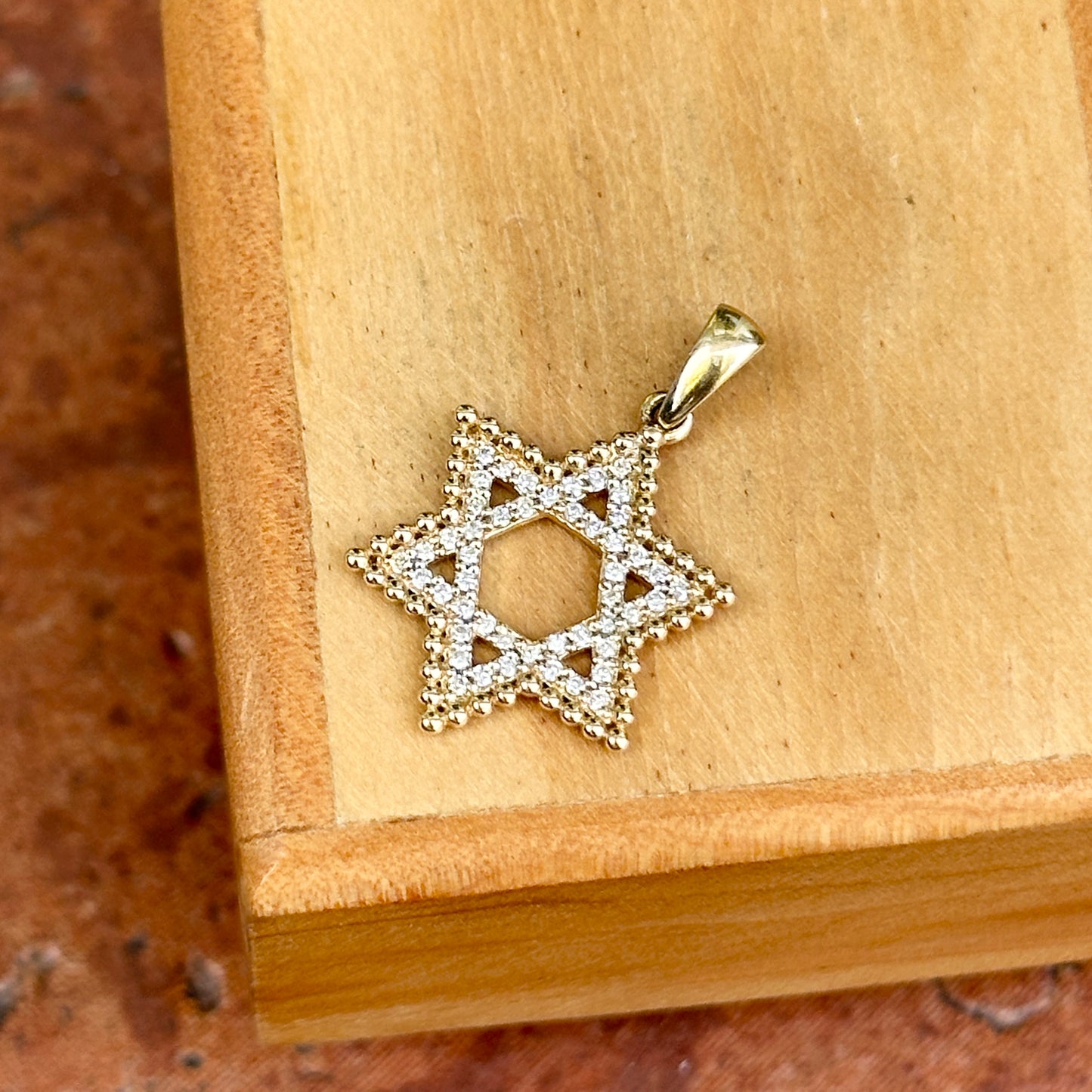 14KT Yellow Round Pave Diamond Beaded Star of David Pendant Charm