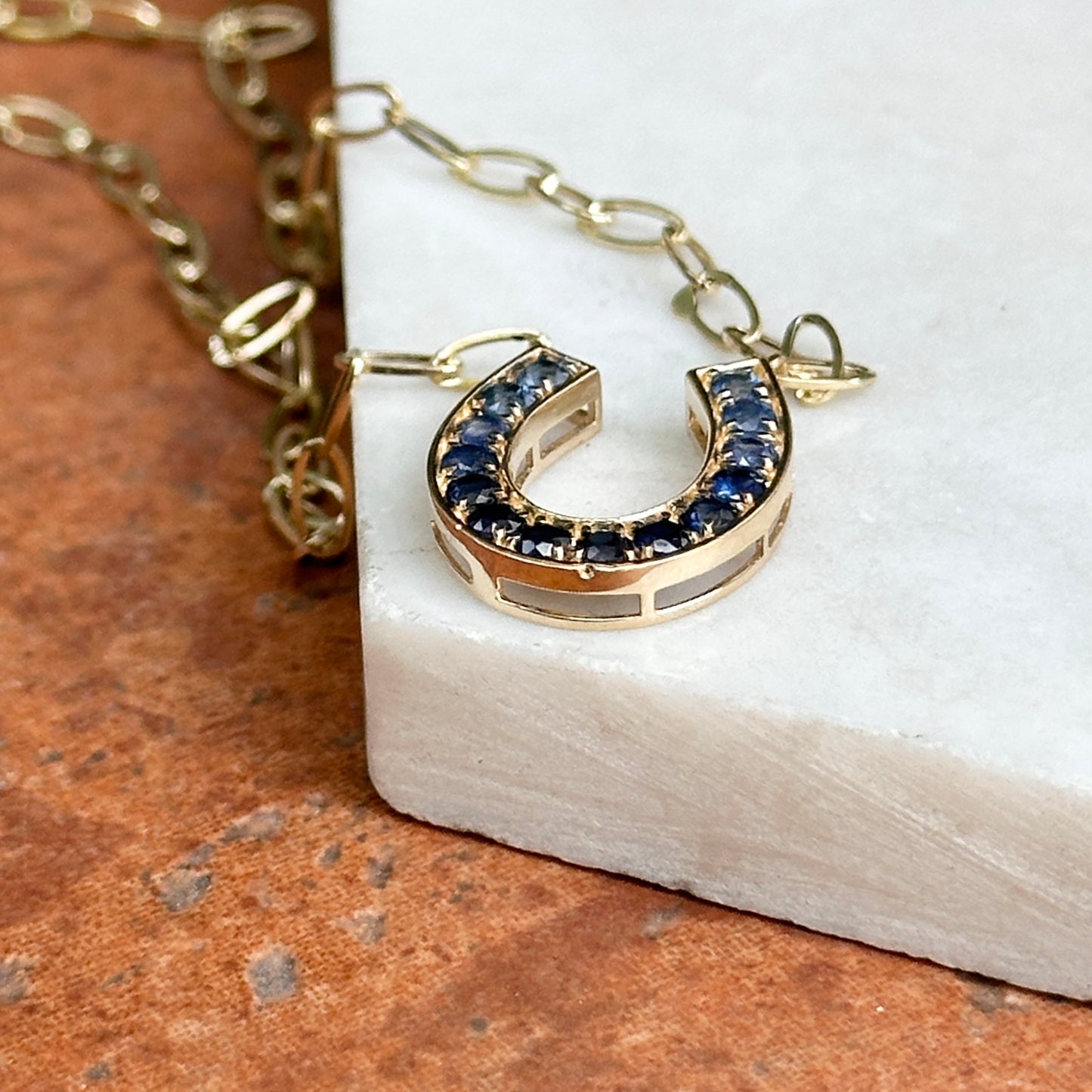 14KT Yellow Gold Ombre Blue Sapphire Horseshoe Necklace