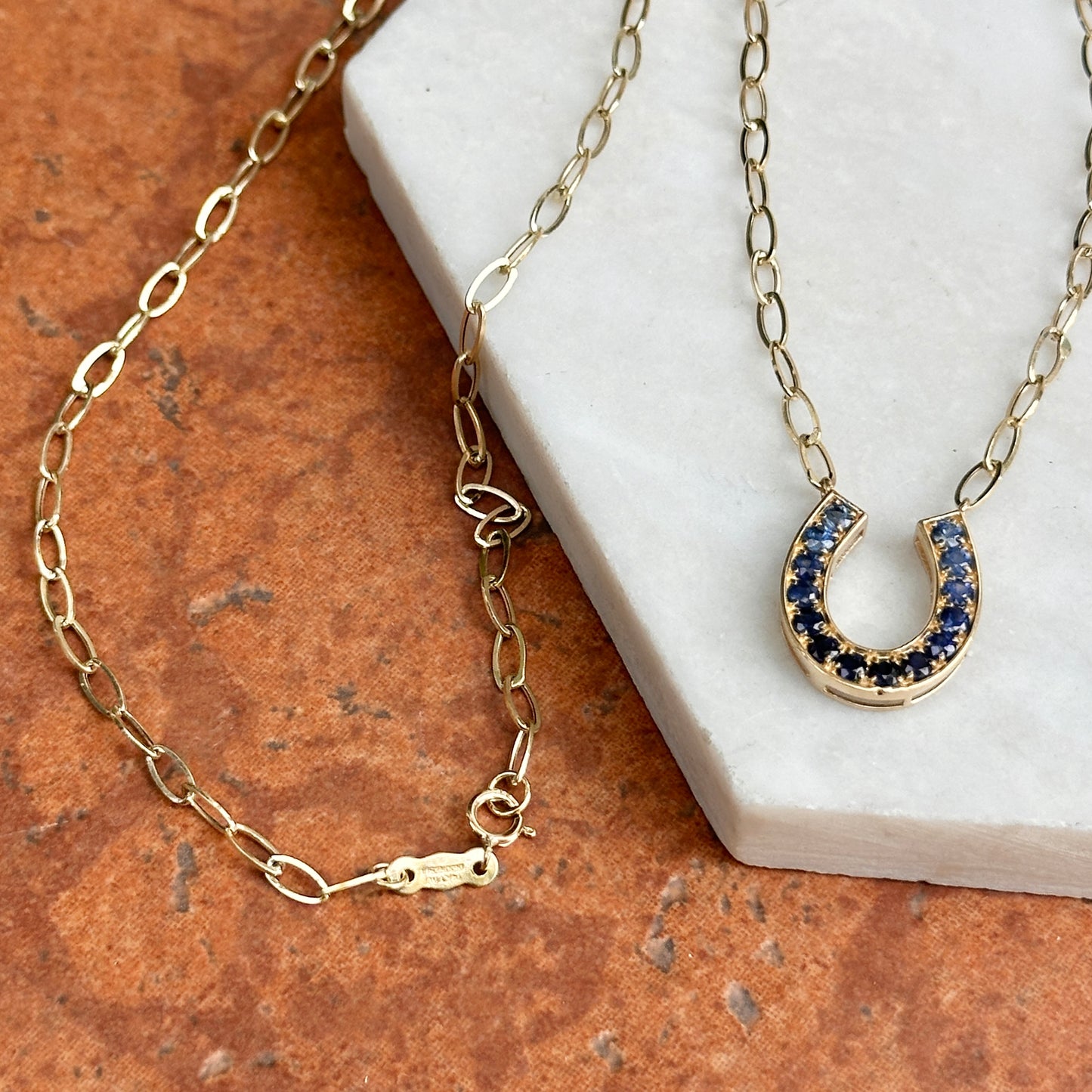 14KT Yellow Gold Ombre Blue Sapphire Horseshoe Necklace