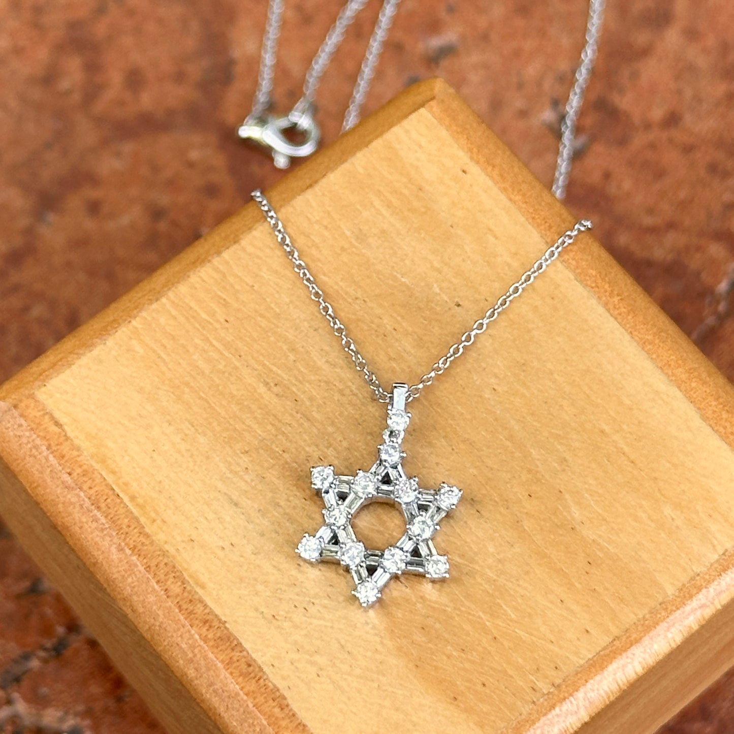 14KT White Gold Baguette and Round Diamond Prong Set Star Of David Necklace 16in