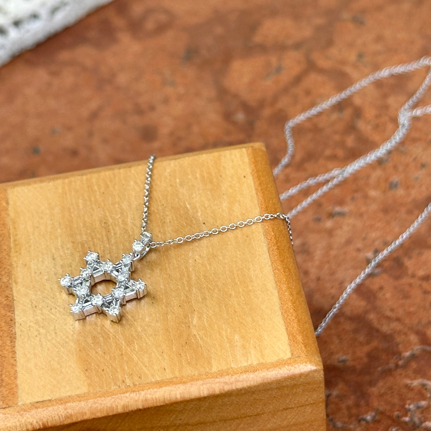 14KT White Gold Baguette and Round Diamond Prong Set Star Of David Necklace 16in