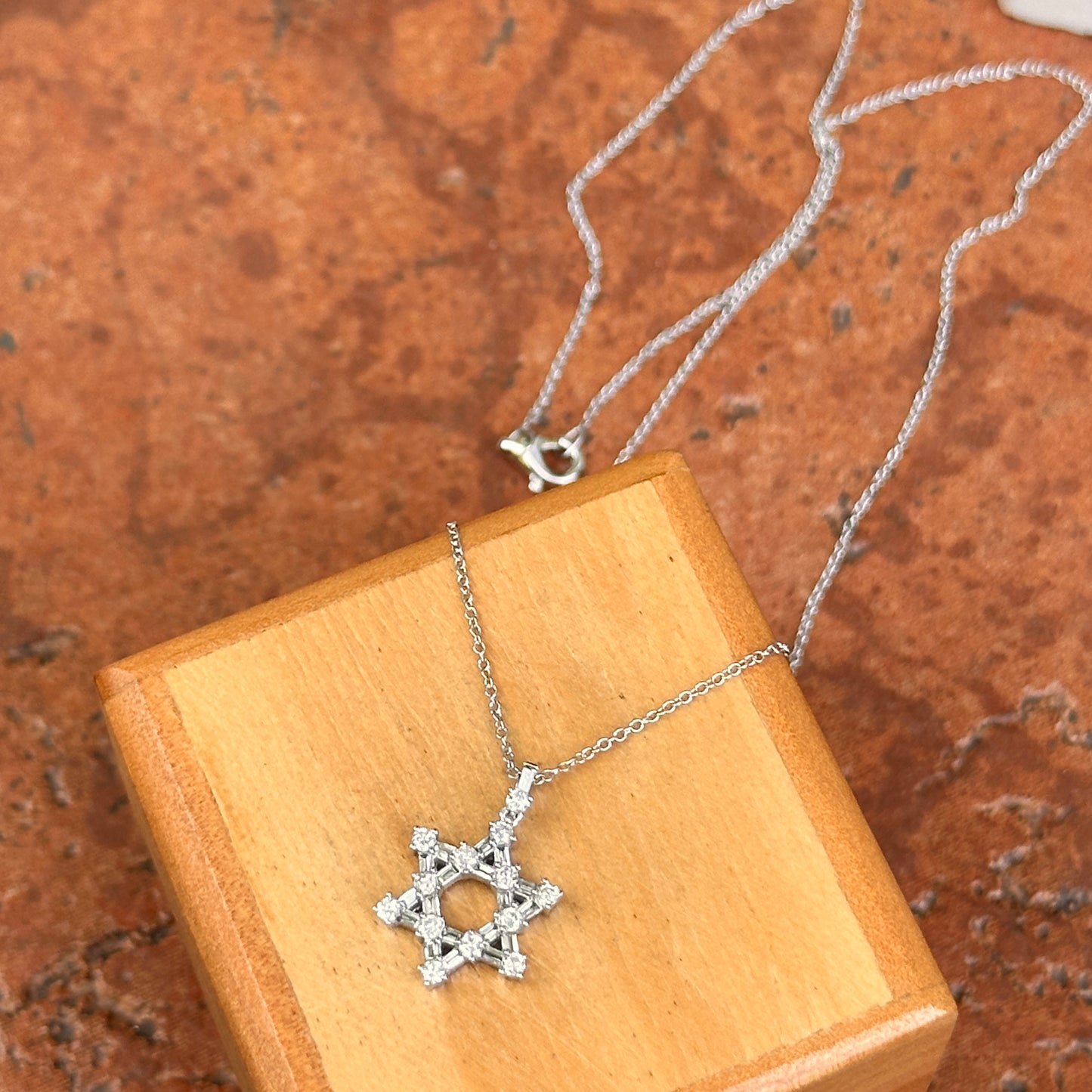 14KT White Gold Baguette and Round Diamond Prong Set Star Of David Necklace 16in