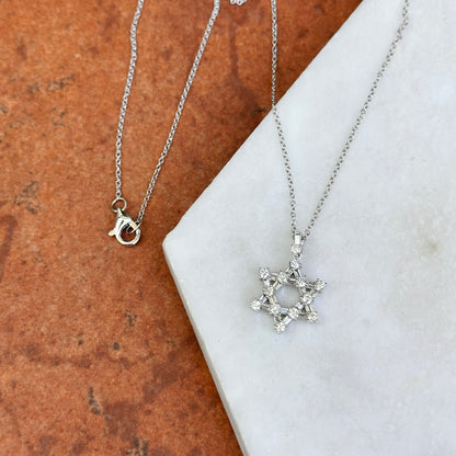 14KT White Gold Baguette and Round Diamond Prong Set Star Of David Necklace 16in