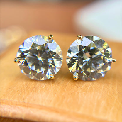 18KT Yellow Gold Round 10 Carat Lab Grown Diamonds 3-Prong Stud Earrings + Paddle Backs