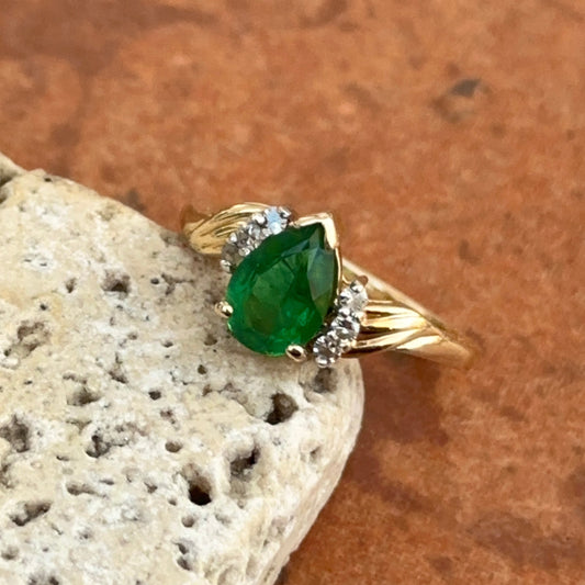 Estate 14KT Yellow Gold Pear Emerald + Diamond Ring