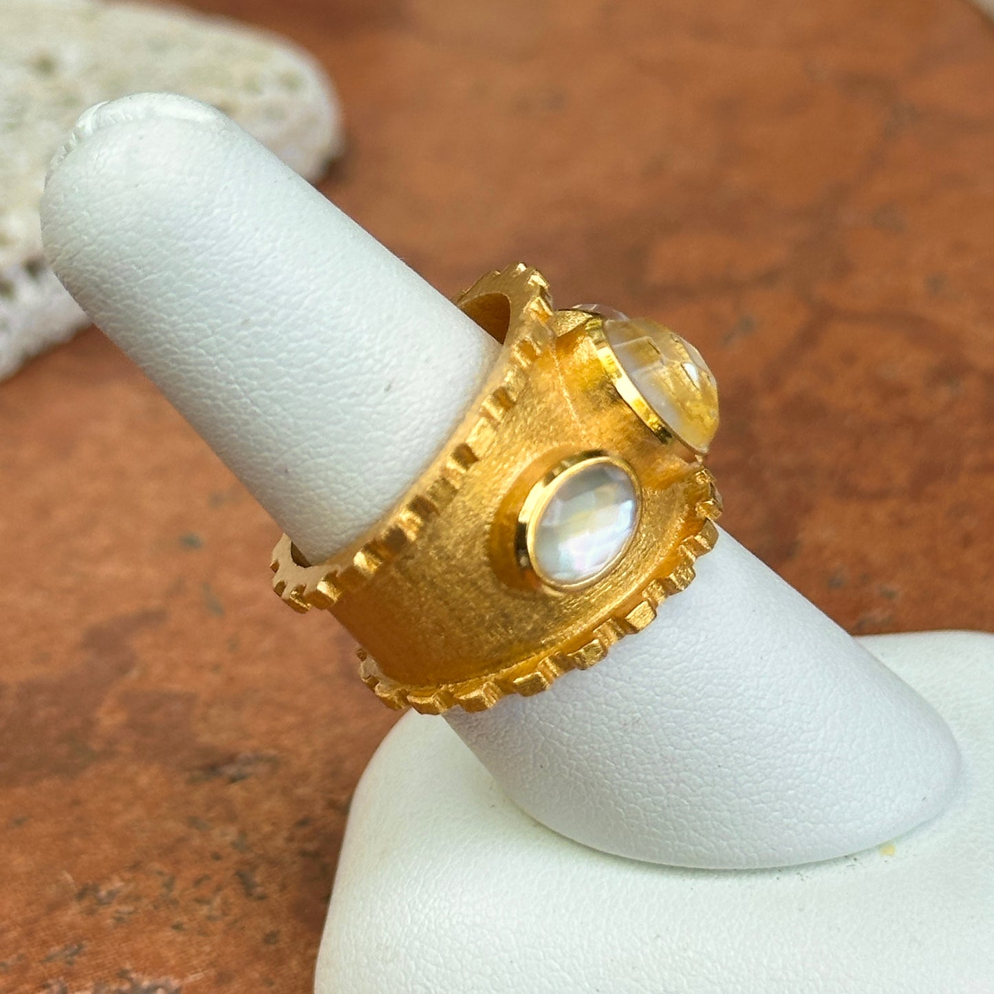 Yellow Gold-Plated Oval Mother of Pearl Byzantine Ring