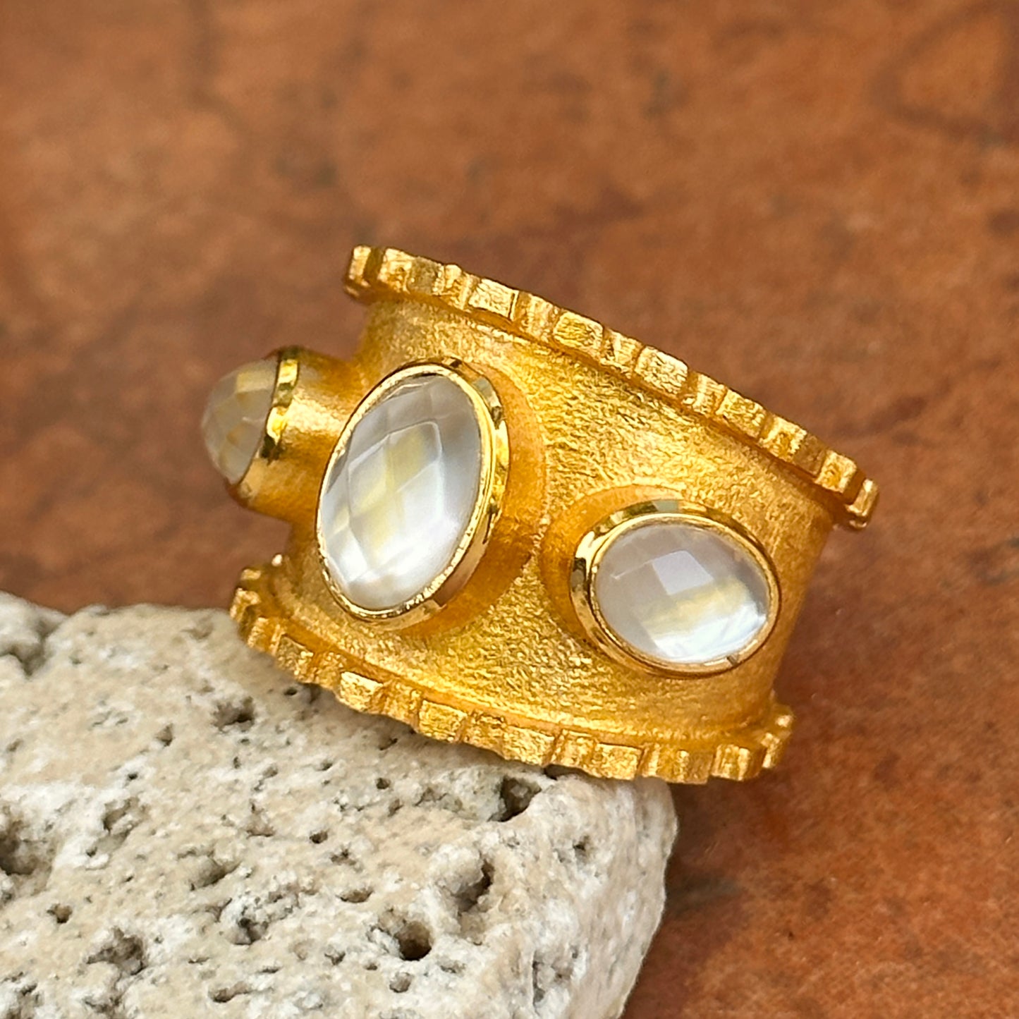 Yellow Gold-Plated Oval Mother of Pearl Byzantine Ring