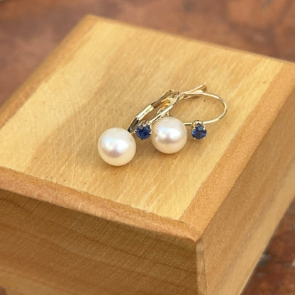 14KT Yellow Gold Blue Sapphire + Freshwater Pearl Lever Back Earrings