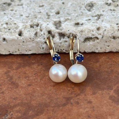 14KT Yellow Gold Blue Sapphire + Freshwater Pearl Lever Back Earrings