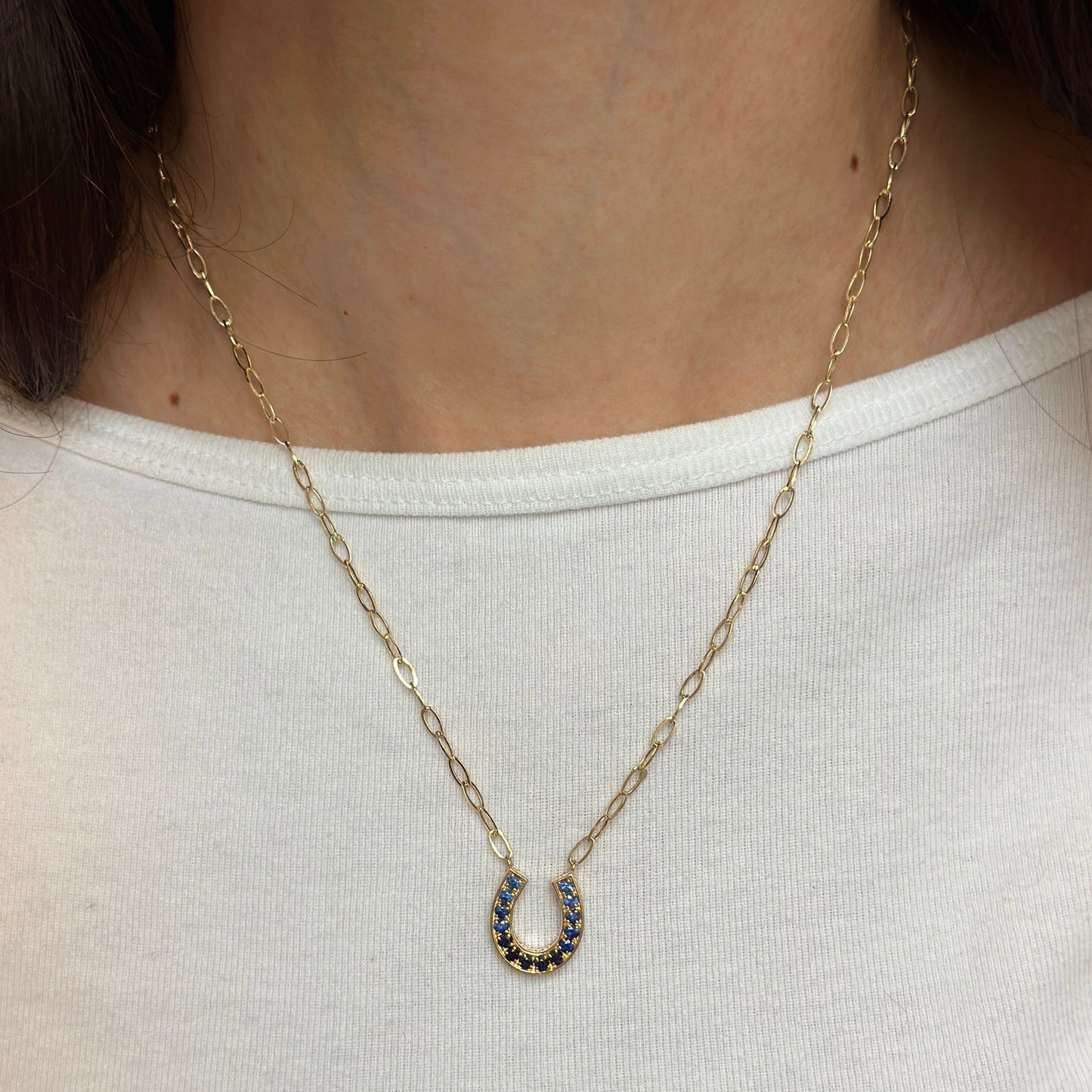 14KT Yellow Gold Ombre Blue Sapphire Horseshoe Necklace