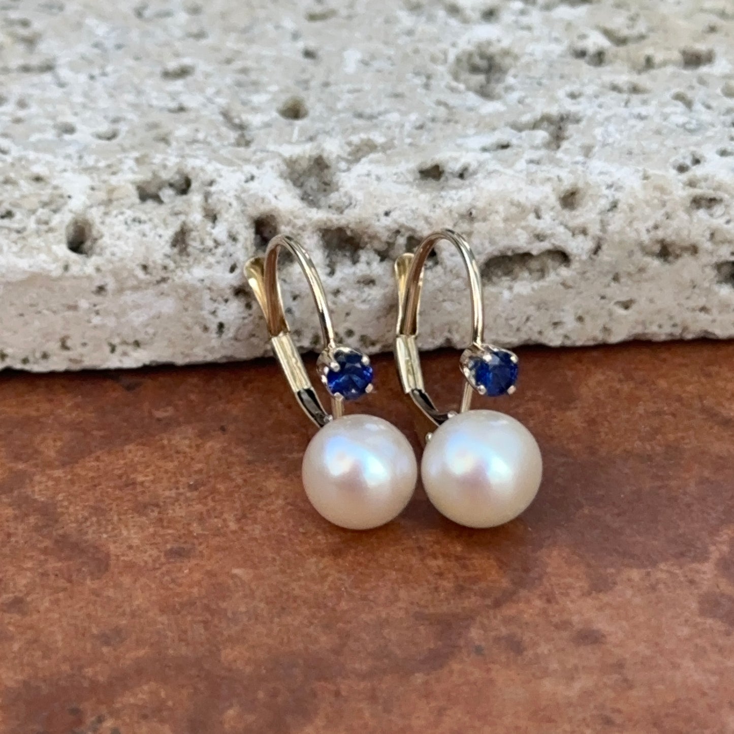 14KT Yellow Gold Blue Sapphire + Freshwater Pearl Lever Back Earrings