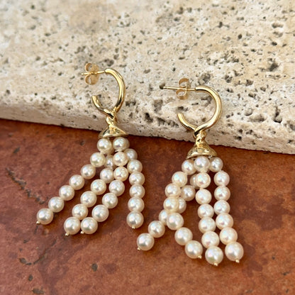 Estate 14KT Yellow Gold Cultured Seed Pearl Tassel Hoop Earrings