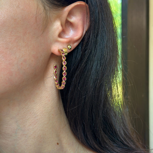 Estate 18KT Yellow Gold Bezel Pink Tourmaline Hoop Earrings