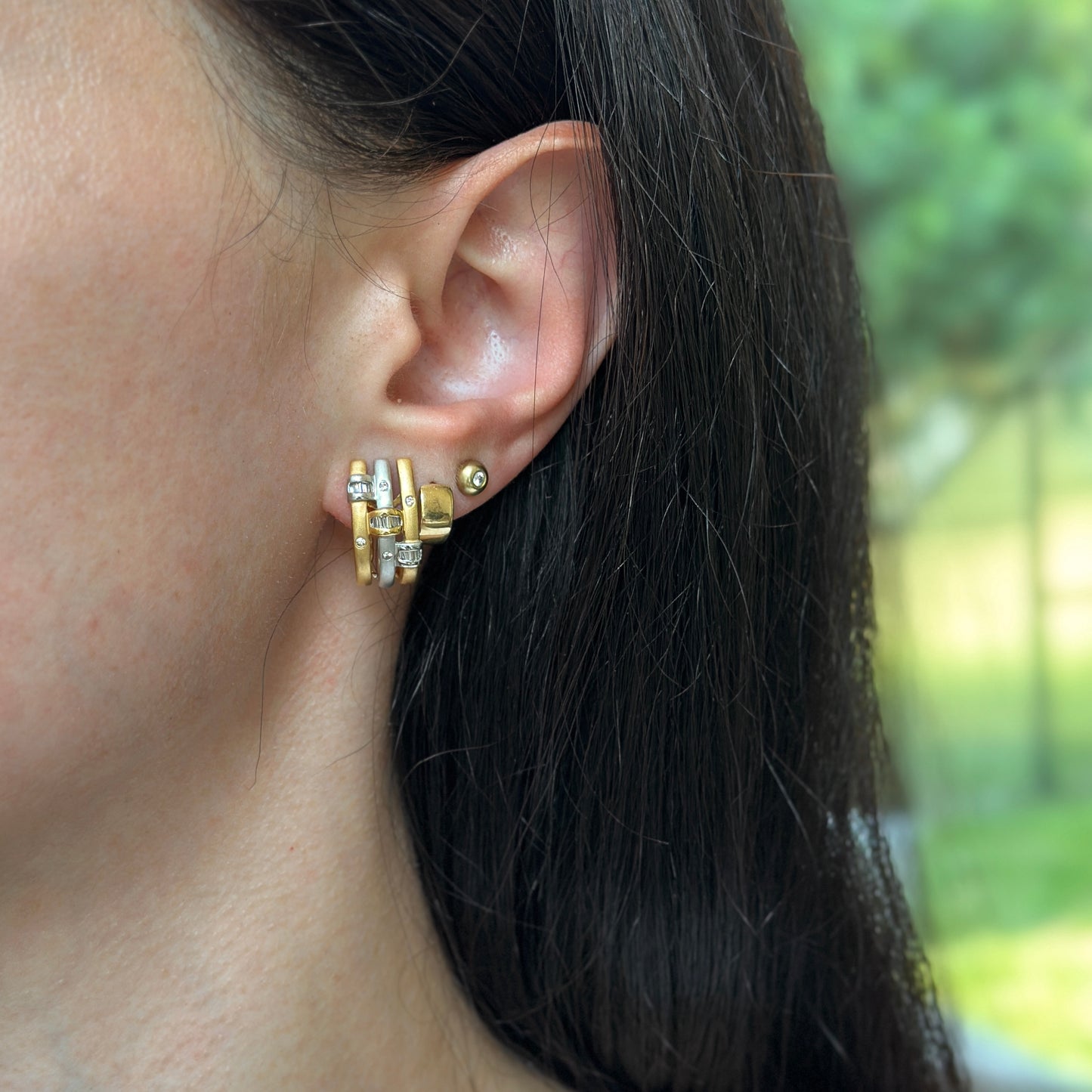 Estate 18KT Yellow and White Gold Scatted Diamond Omega Back Earrings