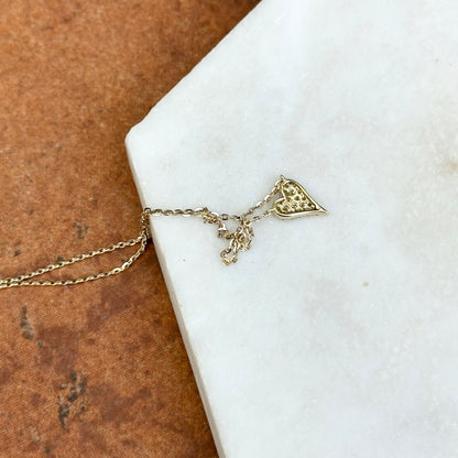 Estate 10KT Yellow Gold Pave Diamond Heart Pendant Chain Necklace