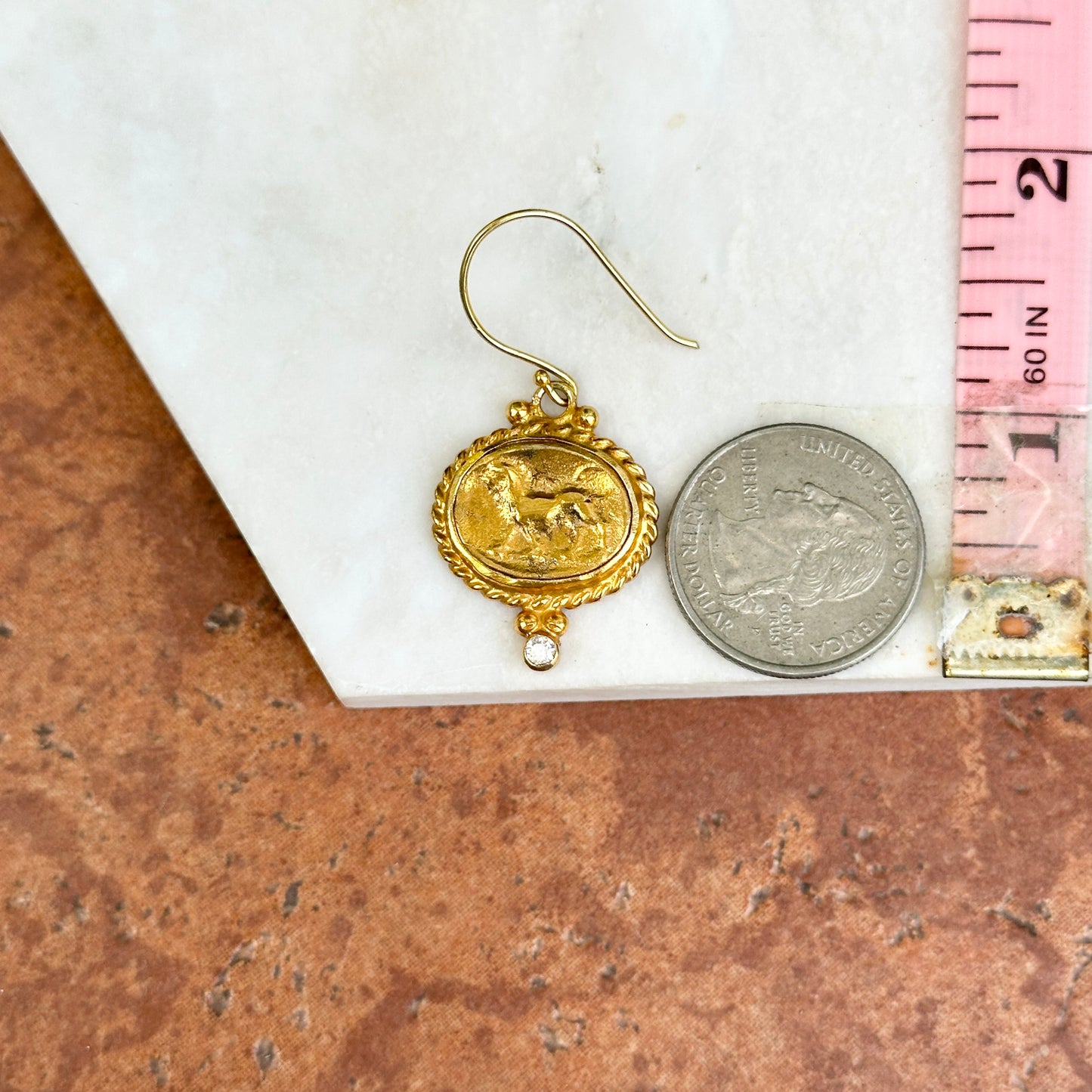 Estate Yellow Gold Plated Oval Horse Heavy Cubic Zirconia Dangle Earrings