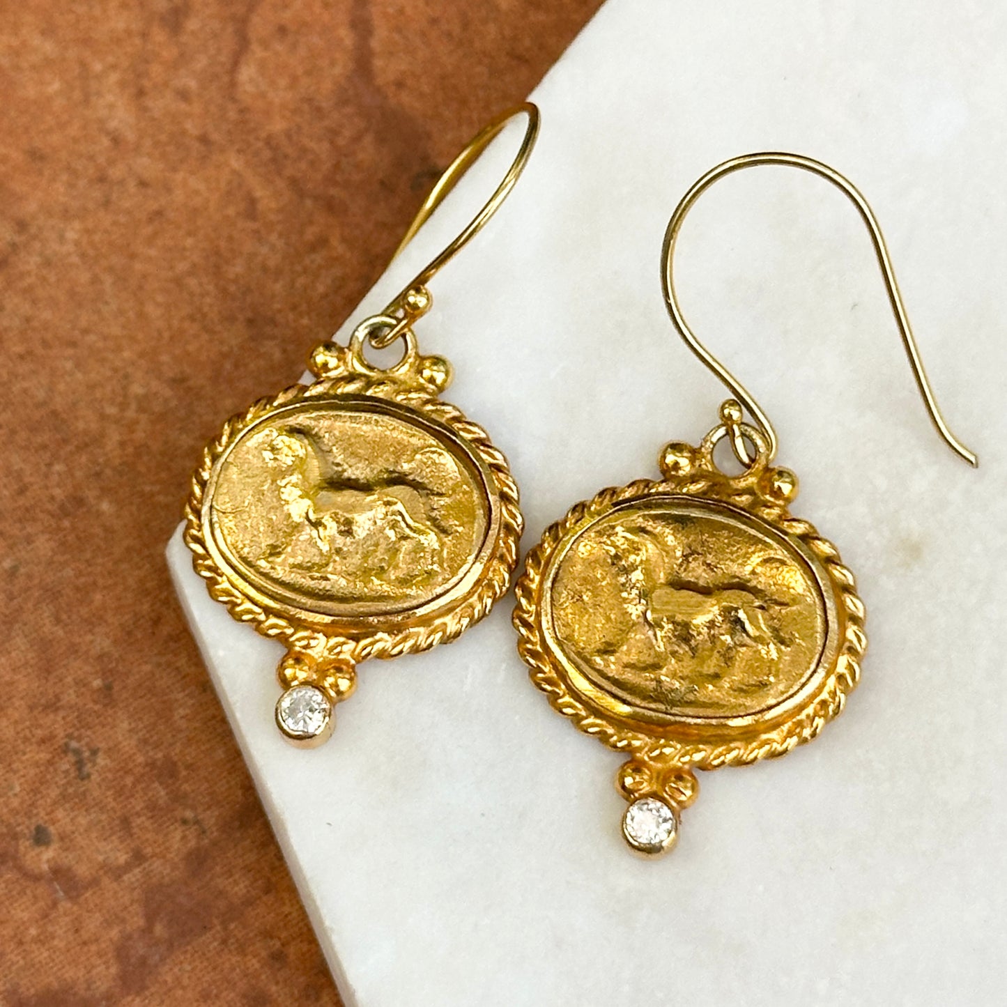 Estate Yellow Gold Plated Oval Horse Heavy Cubic Zirconia Dangle Earrings