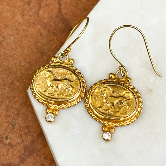 Estate Yellow Gold Plated Oval Horse Heavy Cubic Zirconia Dangle Earrings