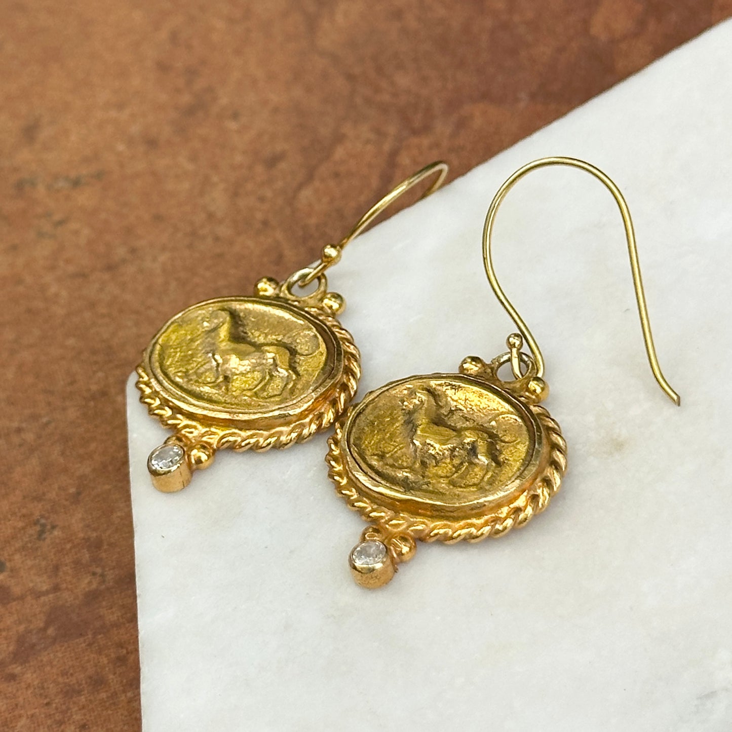 Estate Yellow Gold Plated Oval Horse Heavy Cubic Zirconia Dangle Earrings