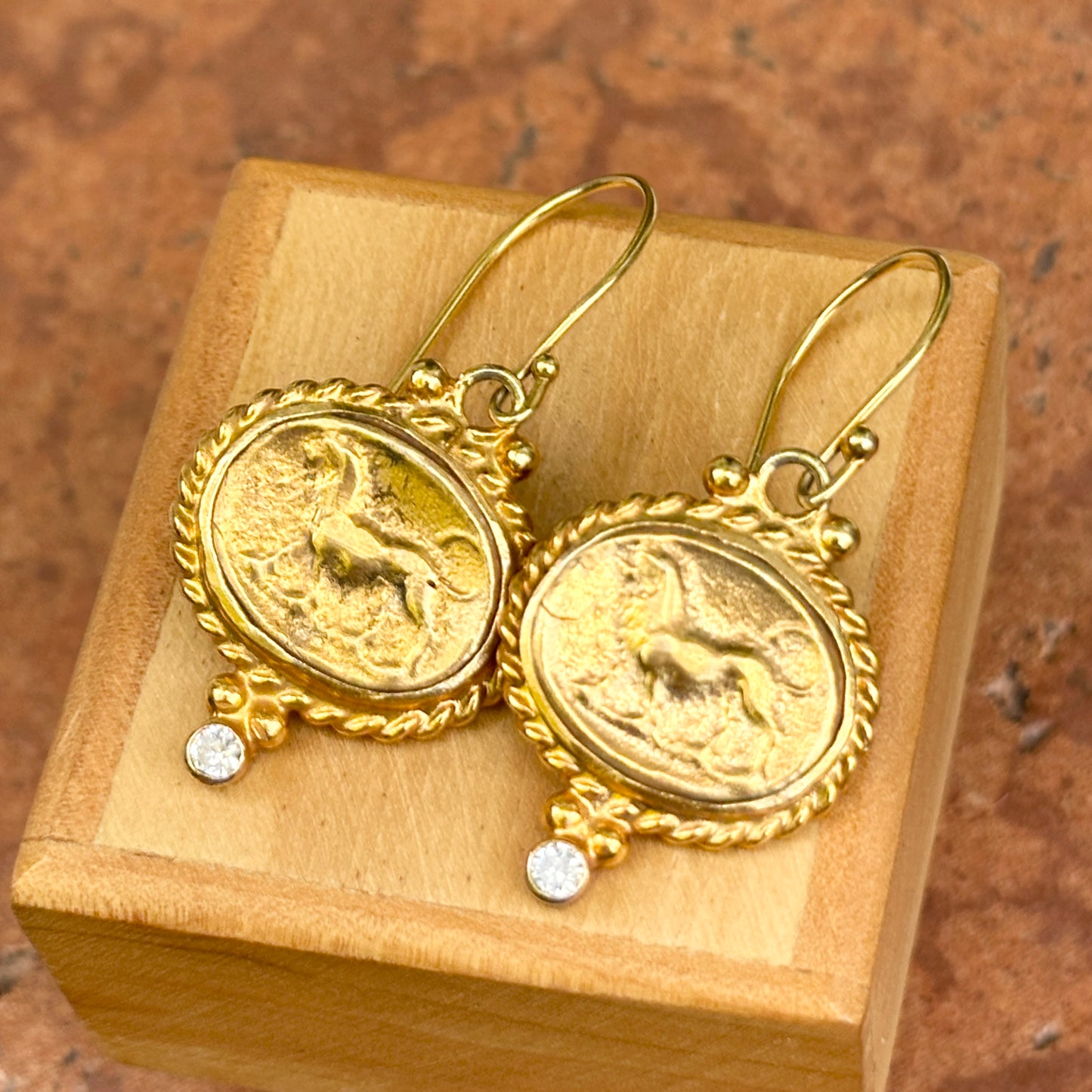 Estate Yellow Gold Plated Oval Horse Heavy Cubic Zirconia Dangle Earrings