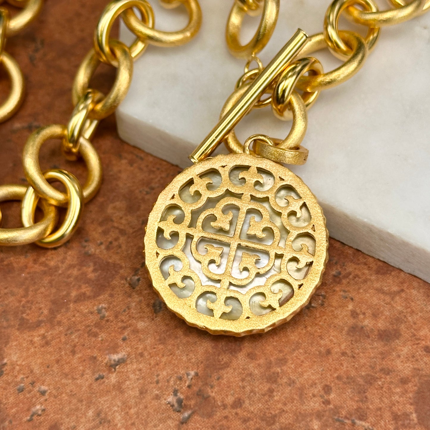 18KT Yellow Gold-Plated Round Mother of Pearl Betty Carre Toggle Necklace