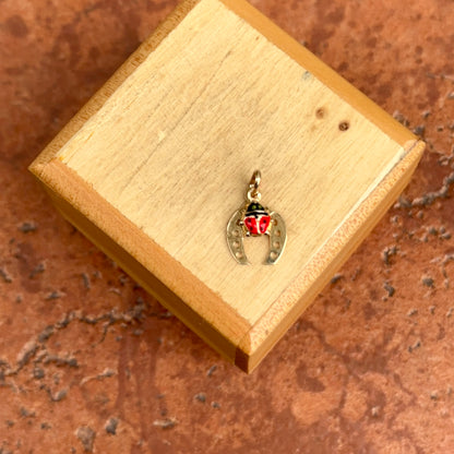 14KT Yellow Gold Horseshoe + Red Ladybug Pendant Charm