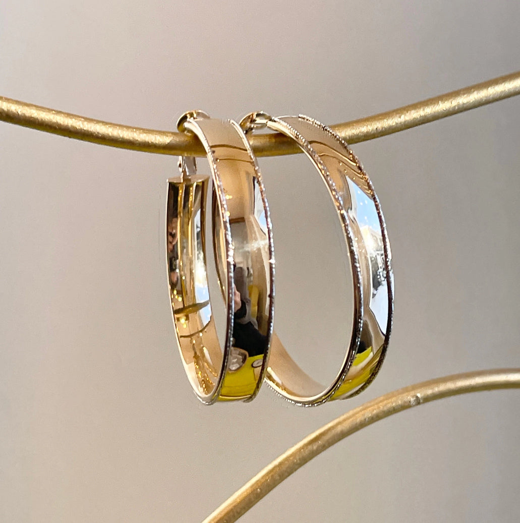 14KT Yellow + White Gold Hoop Earrings