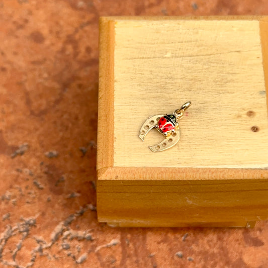 14KT Yellow Gold Horseshoe + Red Ladybug Pendant Charm