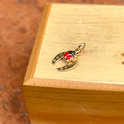 14KT Yellow Gold Horseshoe + Red Ladybug Pendant Charm