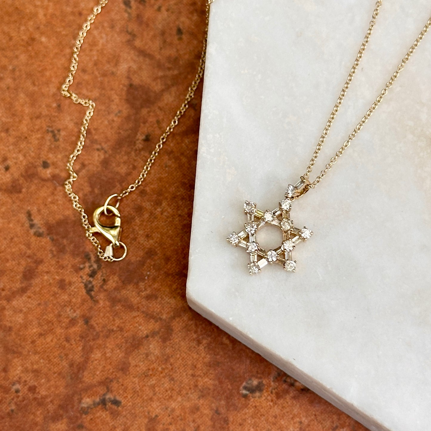 14KT Yellow Gold Baguette + Round Diamond Star Of David Necklace 16''