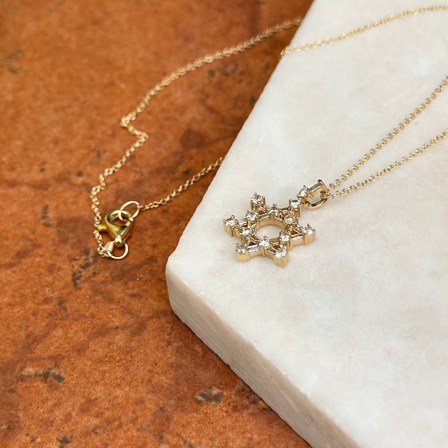 14KT Yellow Gold Baguette + Round Diamond Star Of David Necklace 16''