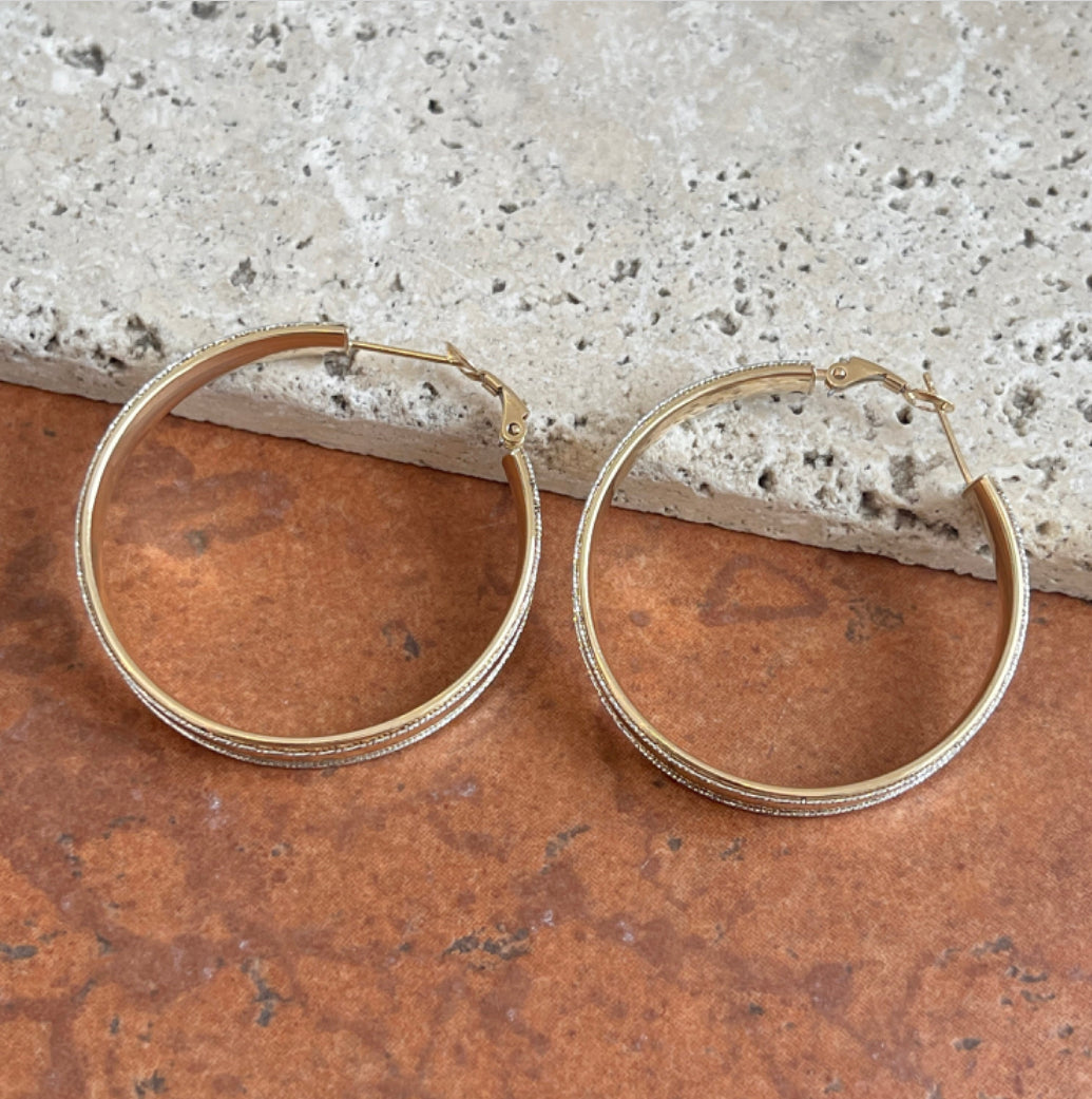 14KT Yellow + White Gold Hoop Earrings