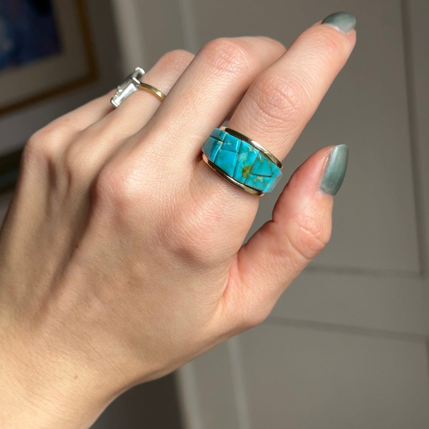 Estate 14KT Yellow Gold Geometric Arizona Turquoise Band Ring