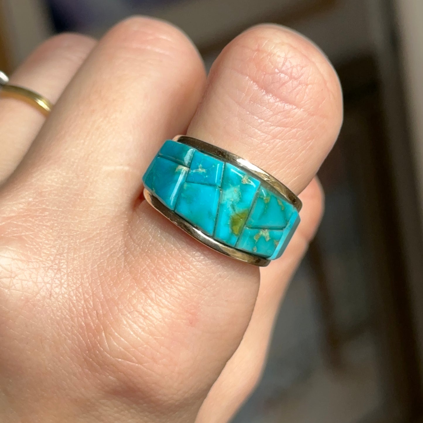 Estate 14KT Yellow Gold Geometric Arizona Turquoise Band Ring