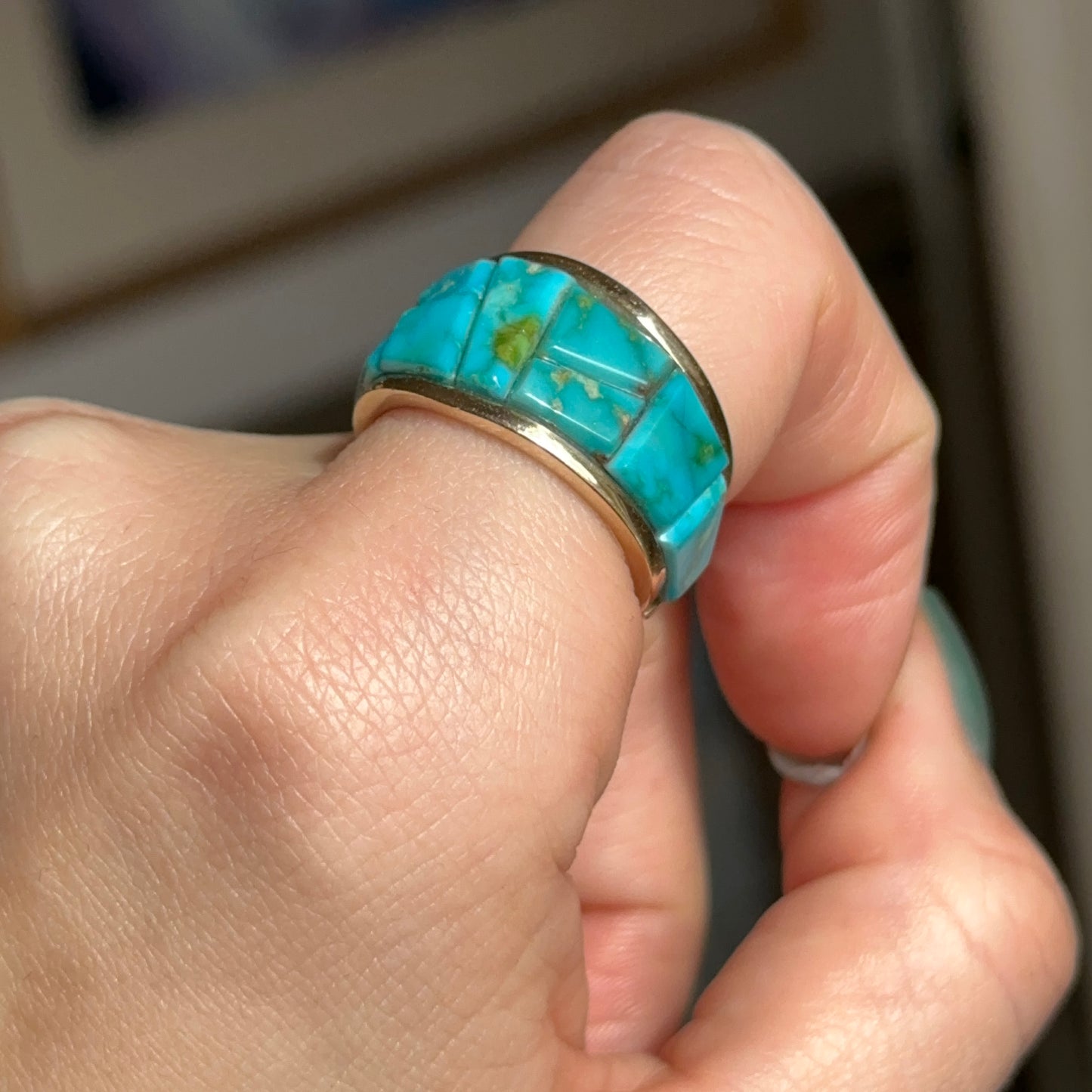 Estate 14KT Yellow Gold Geometric Arizona Turquoise Band Ring