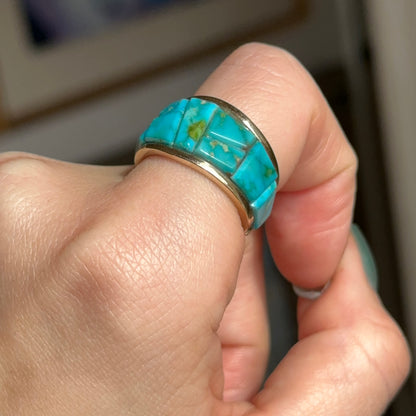 Estate 14KT Yellow Gold Geometric Arizona Turquoise Band Ring