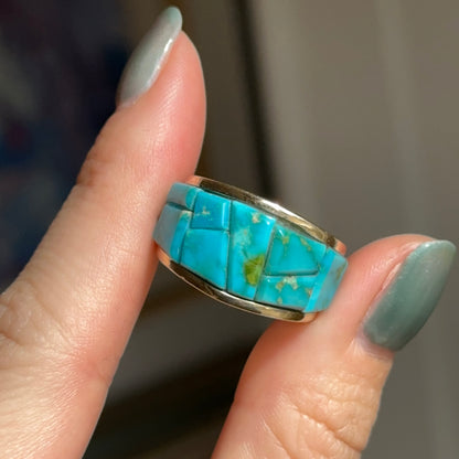 Estate 14KT Yellow Gold Geometric Arizona Turquoise Band Ring