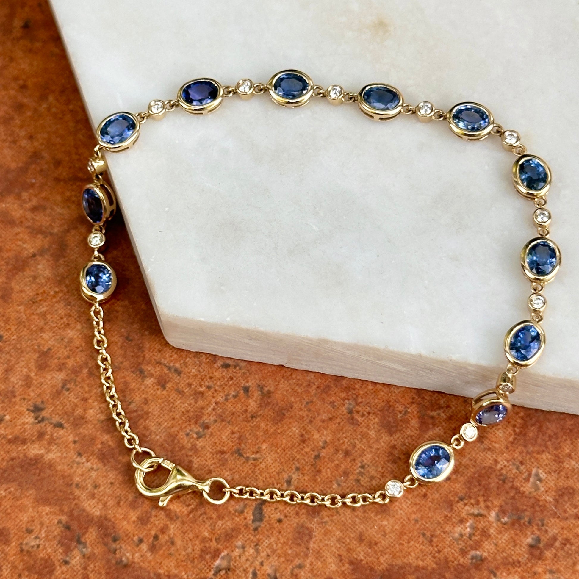 Estate 14KT Yellow Gold Oval Blue Sapphire + Round Diamond Bezel Link Bracelet - LSJ