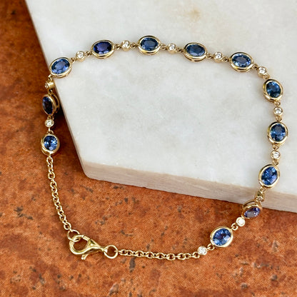 Estate 14KT Yellow Gold Oval Blue Sapphire + Round Diamond Bezel Link Bracelet - LSJ