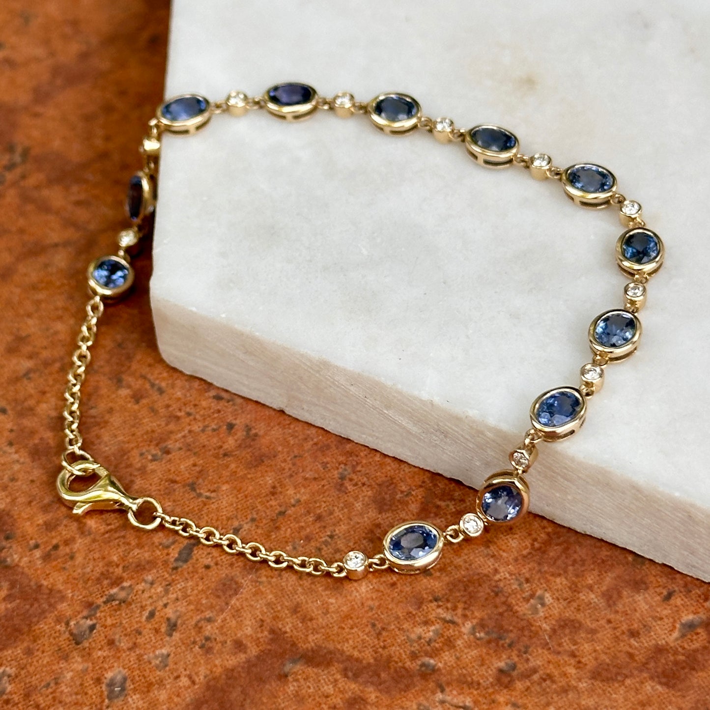 Estate 14KT Yellow Gold Oval Blue Sapphire + Round Diamond Bezel Link Bracelet - LSJ