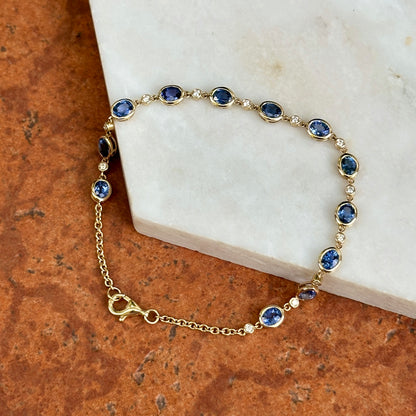 Estate 14KT Yellow Gold Oval Blue Sapphire + Round Diamond Bezel Link Bracelet - LSJ