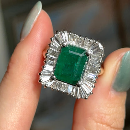 Estate 14KT Yellow + White Gold Emerald-Cut Emerald + Ballerina Diamond Ring