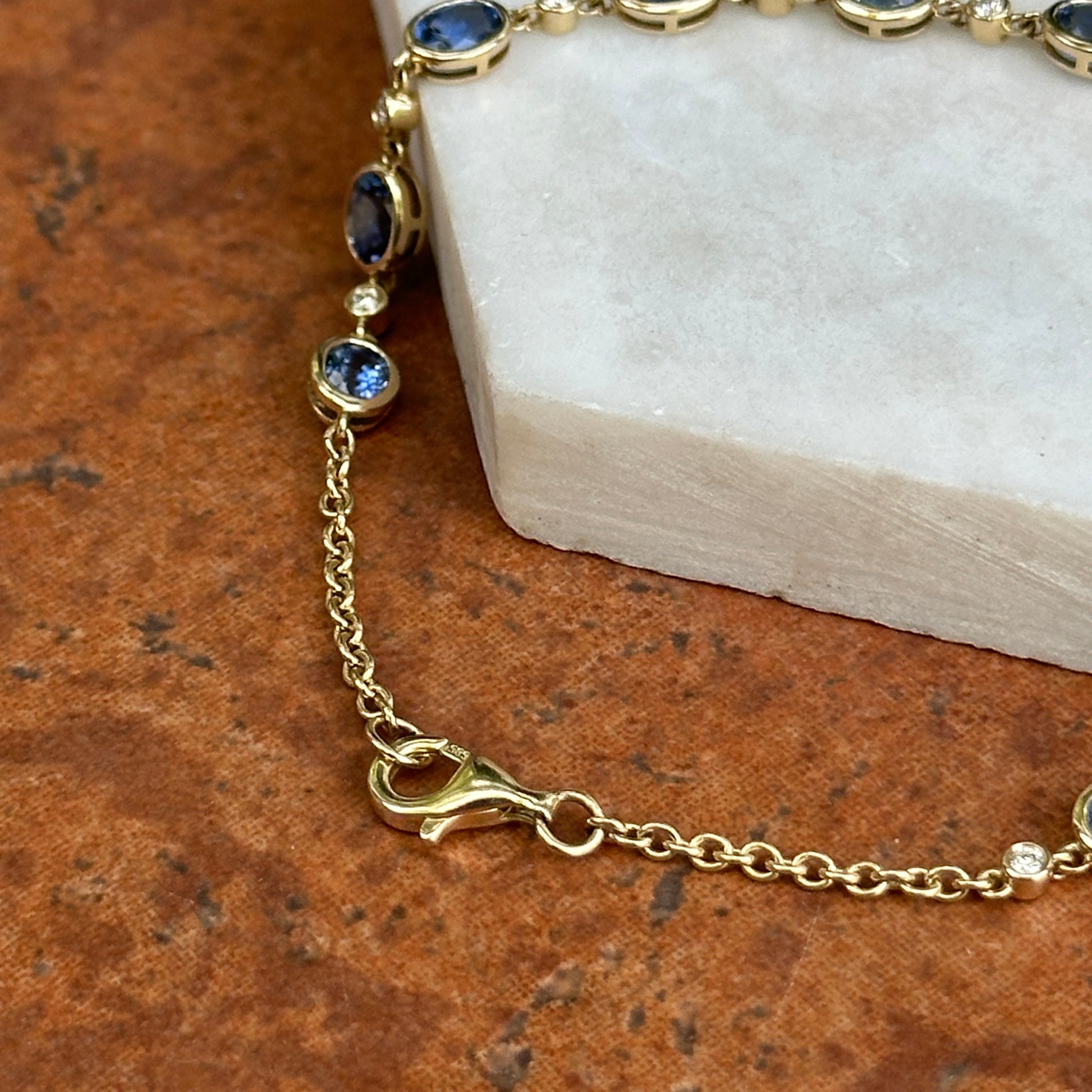 Estate 14KT Yellow Gold Oval Blue Sapphire + Round Diamond Bezel Link Bracelet - LSJ