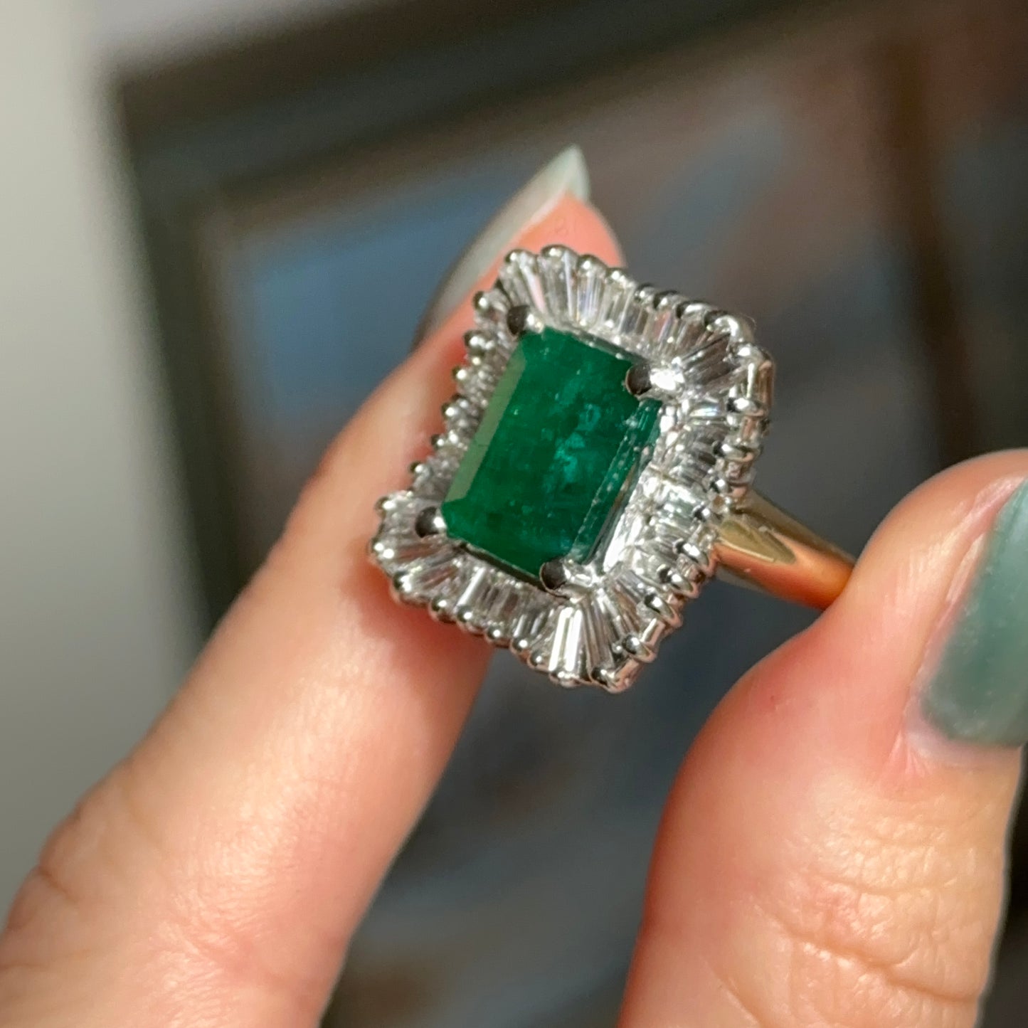 Estate 14KT Yellow + White Gold Emerald-Cut Emerald + Ballerina Diamond Ring