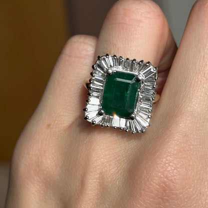 Estate 14KT Yellow + White Gold Emerald-Cut Emerald + Ballerina Diamond Ring