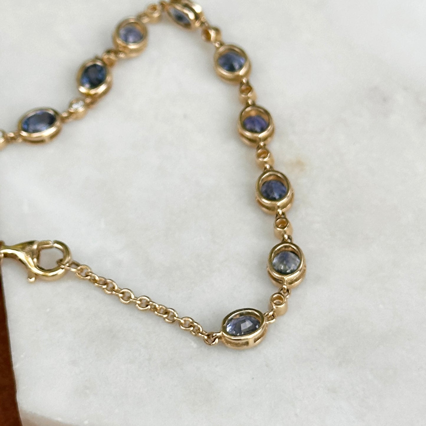 Estate 14KT Yellow Gold Oval Blue Sapphire + Round Diamond Bezel Link Bracelet - LSJ